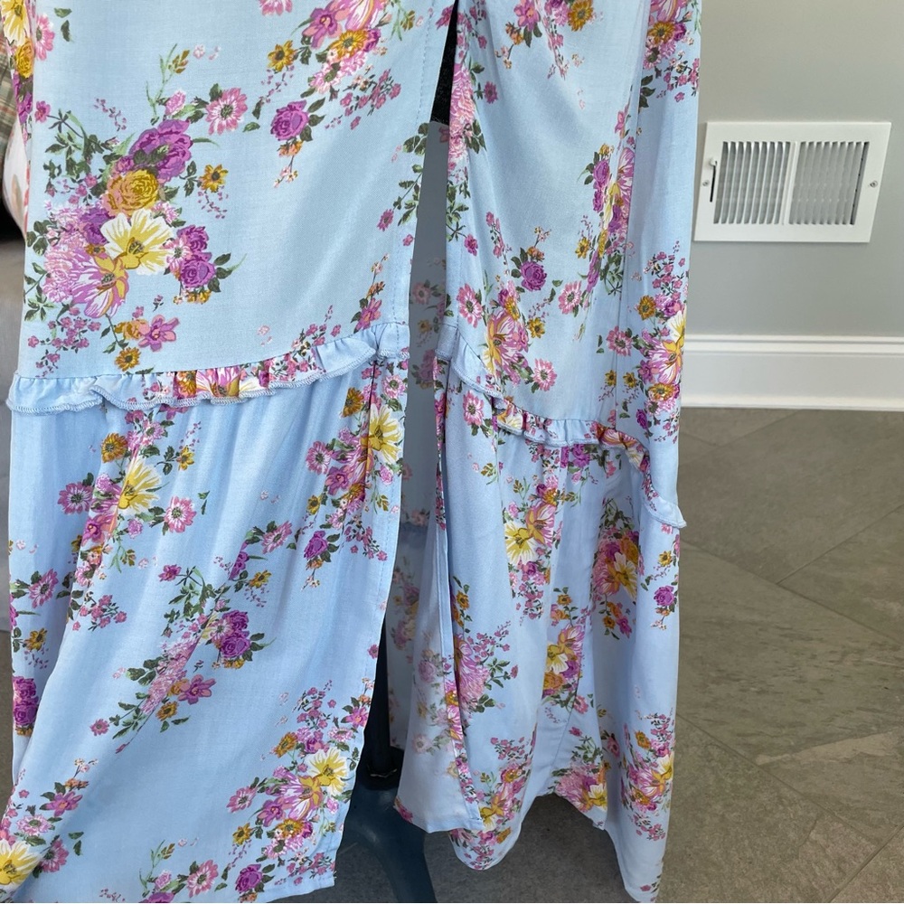 XS. S blue, pink and yellow floral print bohemian backless highlow dress - Picture 7 of 10